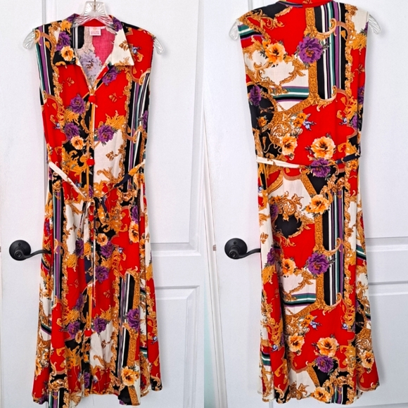 Neeru Kumar Midi Dress Pearl Buttons Sleeveless Red Black Gold - Picture 1 of 7